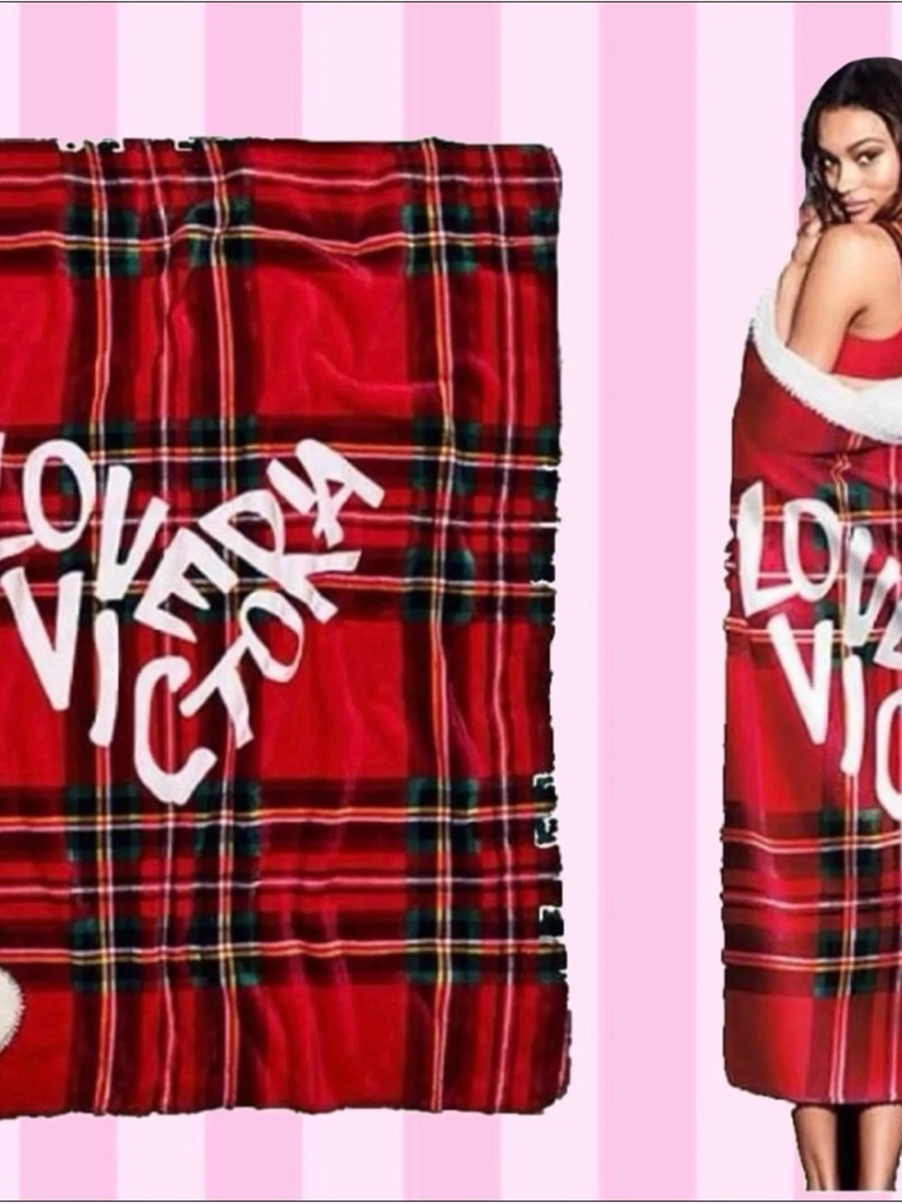 NWT Victorias Secret Pink Sherpa Blanket Large Plaid Red Heart TWIN 50 X 60 HTF